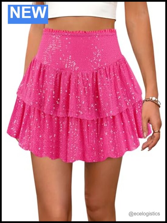 Dresses & Skirts - Women's Shimmer Sequin Mini Skirt High Waisted A-Line Party Fancy